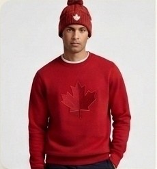 Model wearing Always Canadian Red Heavyweight Maple Leaf Crewneck Sweatshirt and Embroidered AC Toque