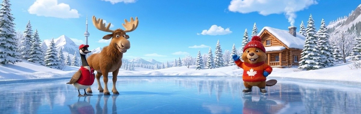 Hudson the Moose, Gary the Canada Goose, and AC the Beaver on the outdoor hockey rink